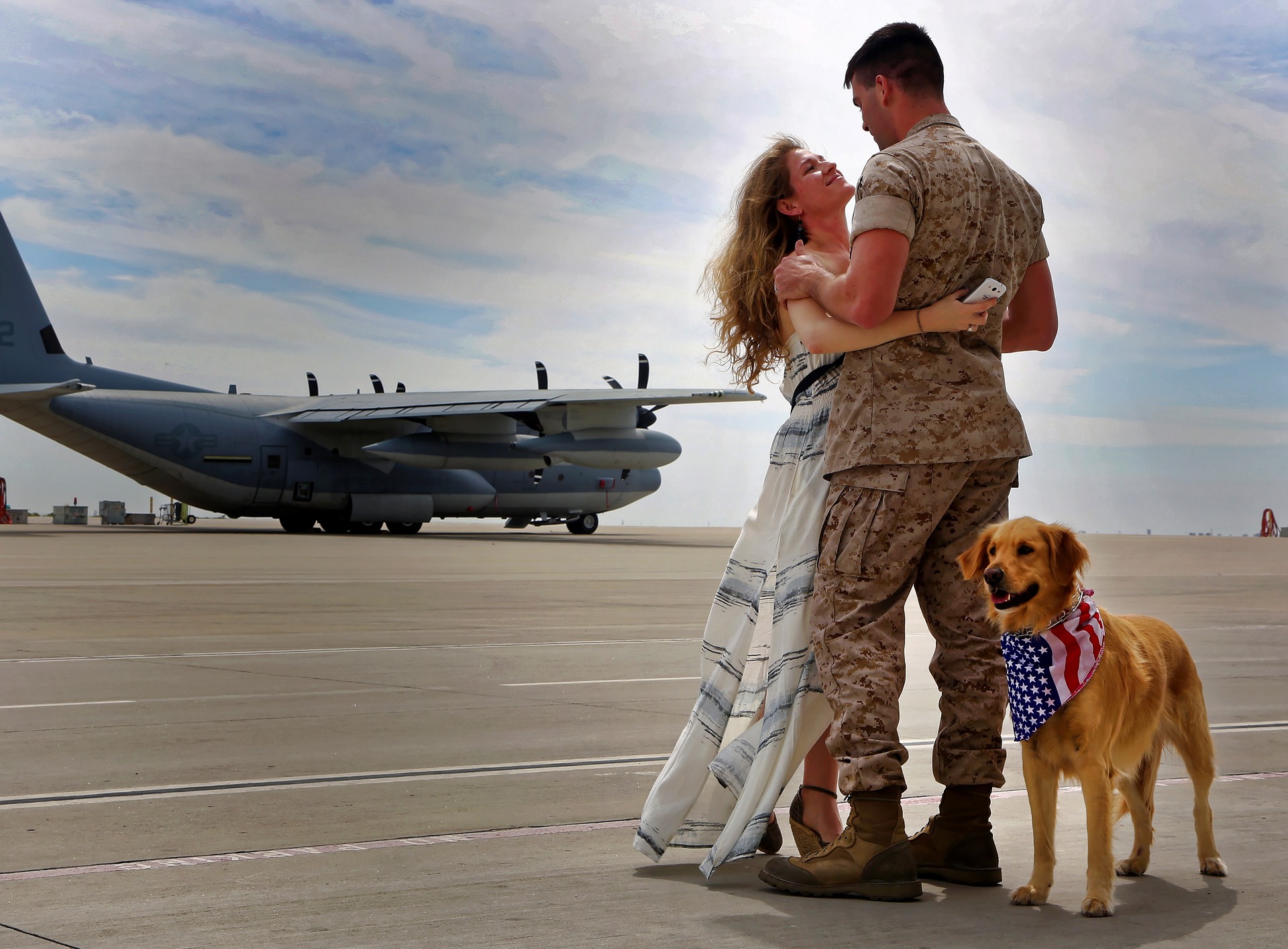 Veteran with wife and dog saying goodbye